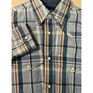 Wrangler Men's Plaid Western Shirt Button-Down Faux Pearl Snap Closure Medium Bl